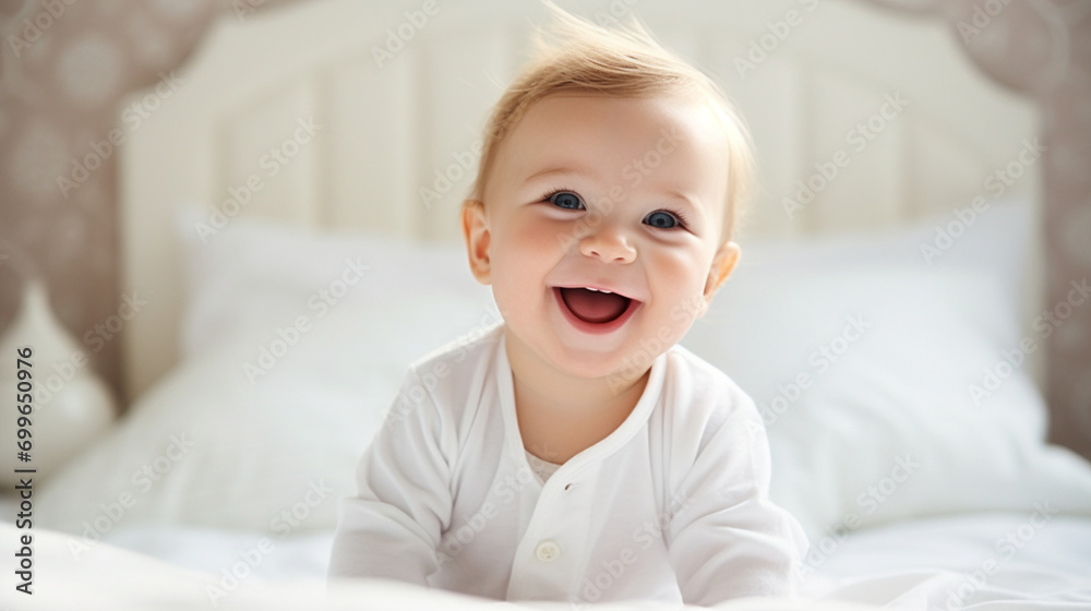 happy smiling baby home bed sitting looking daylight ai visual concept happy smiling baby home bed sitting looking daylight ai visual concept