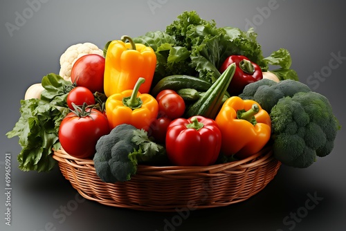 Fresh vegetables in a wicker basket on a dark gray background