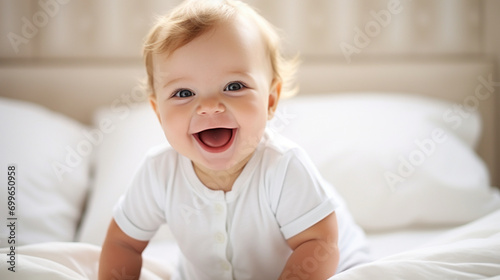 happy smiling baby home bed sitting looking daylight ai visual concept