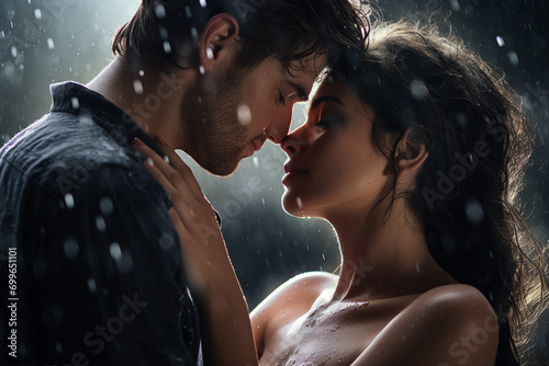 Couple in love standing close together in the rain created with generative AI technology