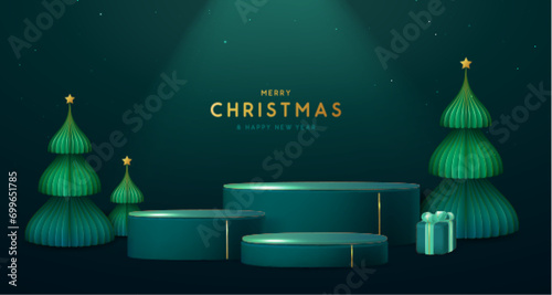 Holiday Christmas showcase emerald green background with 3d podium and Christmas tree. Abstract minimal scene. Vector illustration