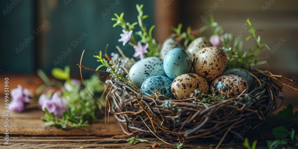 A nest filled with eggs and flowers on a table. Rustic Easter decor. A nest filled with eggs and flowers on a table. Rustic Easter decor.