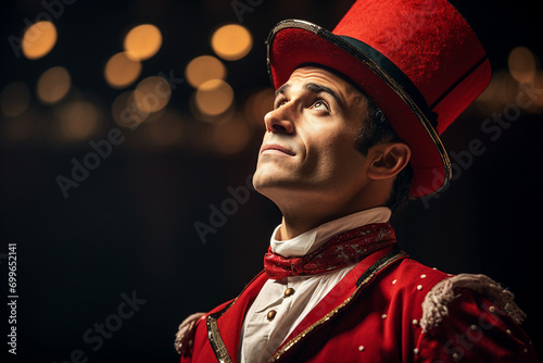 Circus performer clown magician showman in retro costume miracle time Generative AI