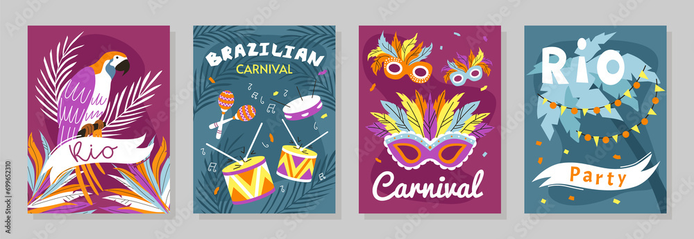 Hand drawn flat brazilian carnival cards collection with party and tropical elements