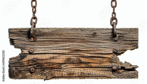 Weathered wood sign hanging with chain white background photo