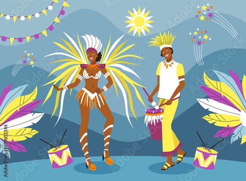 Hand drawn flat brazilian carnival background with dancers wearing feather costumes