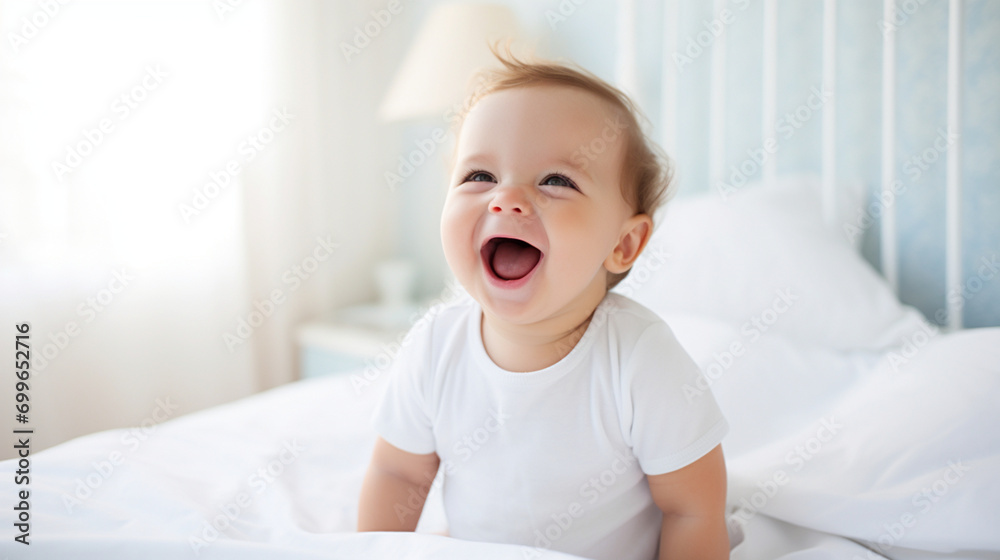 happy smiling baby home bed sitting looking daylight ai visual concept happy smiling baby home bed sitting looking daylight ai visual concept