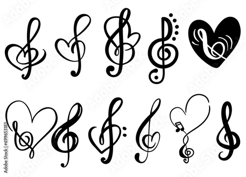 Music notes heart, treble love and music notes, heart shape, great set collection clip art Silhouette , Black vector illustration on white background.