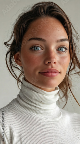 jeune femme blonde aux yeux bleus avec les cheveux attachés portant un pullover à col roulé en laine blanc photo