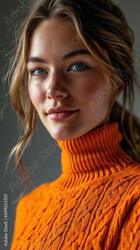 jeune femme blonde aux yeux bleus avec les cheveux attachés portant un pullover à col roulé en laine orange