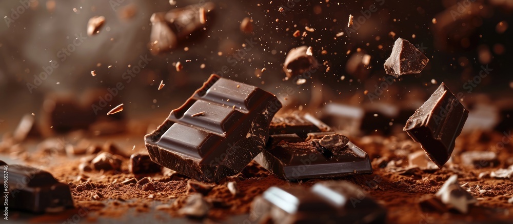 Close-up view of chocolate bar falling on gradient surface. - obrazy, fototapety, plakaty 