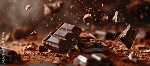Close-up view of chocolate bar falling on gradient surface. photo