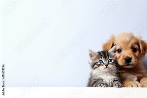 Dog Puppy and Kitten Sitting Together, Captivating the Camera with Space for Text © chelmicky