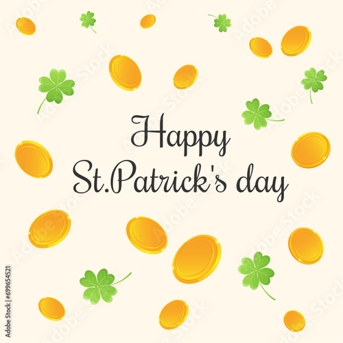 Happy St. Patrick's day card, banner, poster with flying gold coins and clover