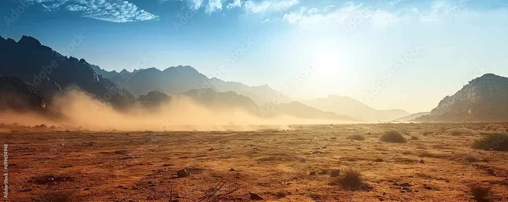 Majestic landscape of sand sun and rocky peaks at sunset. Golden horizons. Panoramic view of arid desert bathed in warmth of setting sun. Endless sands. Journey vast and serene at dusk - obrazy, fototapety, plakaty 