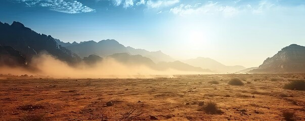 Rideaux Beige Majestic landscape of sand sun and rocky peaks at sunset. Golden horizons. Panoramic view of arid desert bathed in warmth of setting sun. Endless sands. Journey vast and serene at dusk  © Bussakon