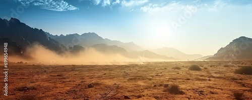 Majestic landscape of sand sun and rocky peaks at sunset. Golden horizons. Panoramic view of arid desert bathed in warmth of setting sun. Endless sands. Journey vast and serene at dusk photo