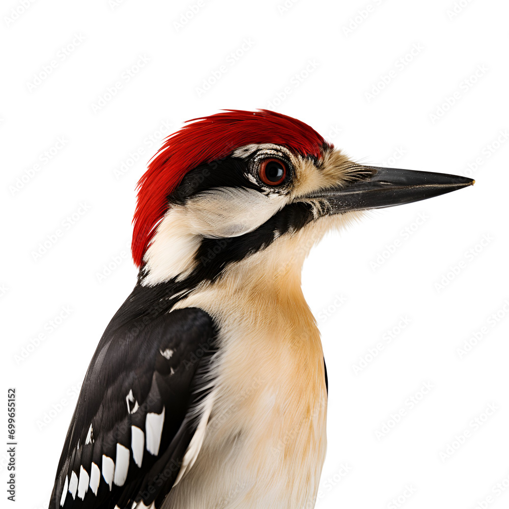 Fototapeta premium Woodpecker Close-up Shot, Stunning Avifauna, Half Body View, Isolated on Transparent Background, PNG
