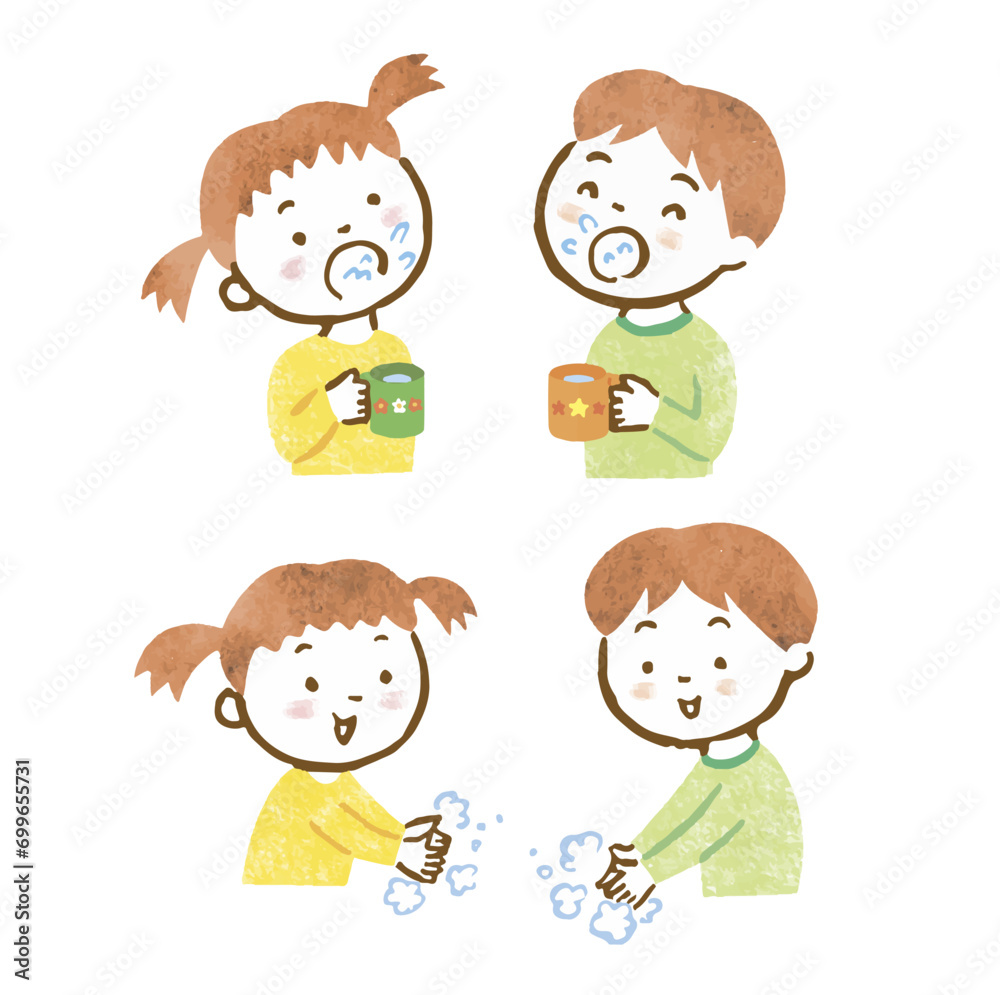 手洗いうがいをしている男の子と女の子の手描きイラスト 手洗いうがいをしている男の子と女の子の手描きイラスト