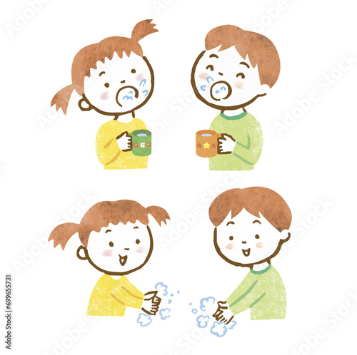 手洗いうがいをしている男の子と女の子の手描きイラスト