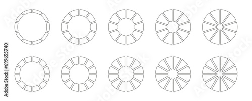 Circle division on 10, 12 equal parts. Wheel round divided diagrams with ten, twelve segments. Set of infographic. Coaching blank. Section graph line art. Pie, pizza chart icons. Outline donut charts. photo