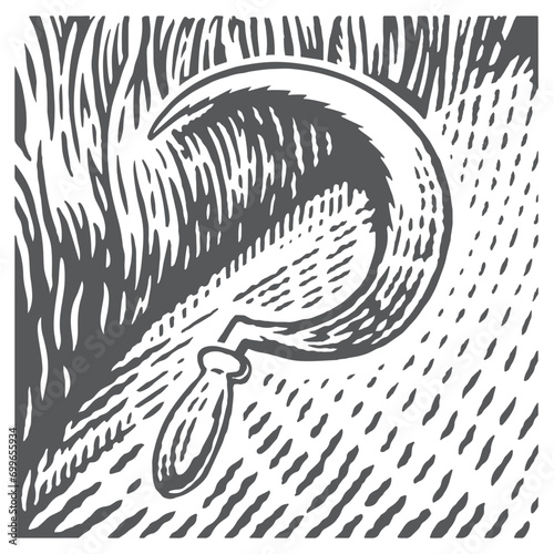 Sickle painted in an engraving style, lying on a field among mowed grass. Vector graphic illustration.