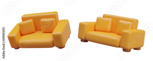 Collection with realistic sofa with pillows. Composition with soft furniture in yellow colors. Sofa for online game. Vector illustration in 3d style with white background