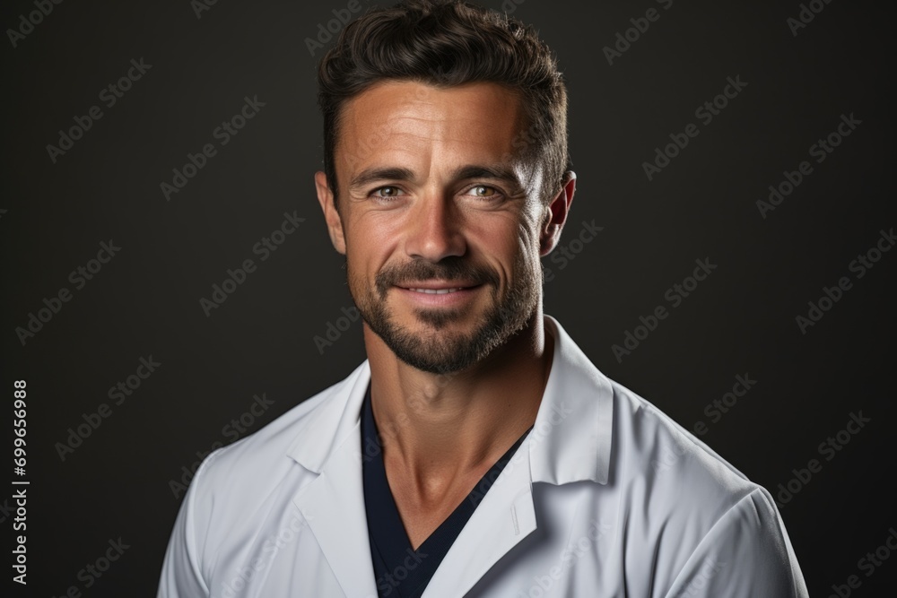 A man in a white lab coat smiles at the camera. A man in a white lab coat smiles at the camera.