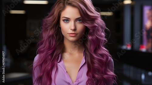 A woman with purple hair is posing for a picture. Luscious colored locks, radiating confidence and style. Perfect for hair product ads. © tilialucida