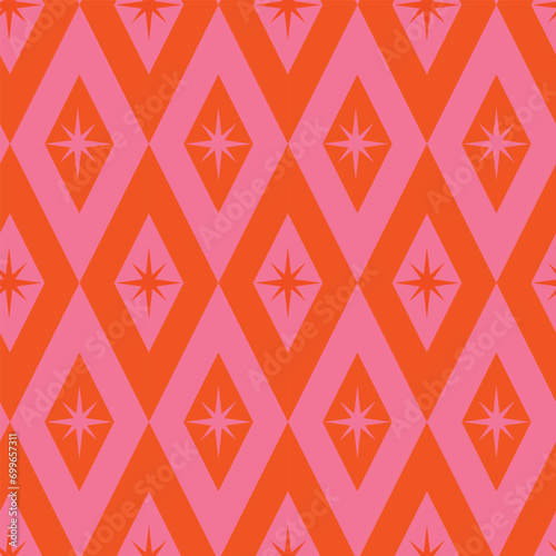 Mid Century starbursts on pink and orange diamond shapes seamless pattern. For wallpaper, textile, home décor and fabric 