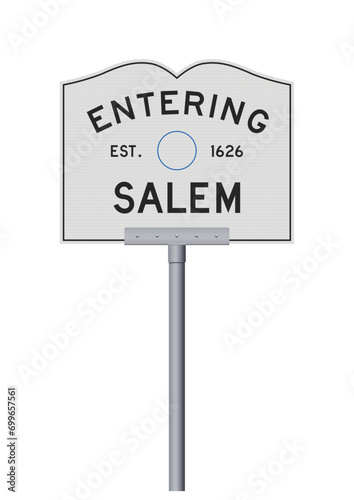 Vector illustration of the entering Salem (Massachusetts) city road sign on metallic post