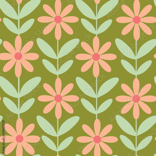 Retro peach fuzz Mod Scandinavian Flowers with leaves seamless pattern over dark green background. For textile, fabric and wallpaper. 