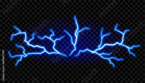 Blue electric lighting effect. Powerful storm electrical discharge. Impact, crack, magical energy flash.