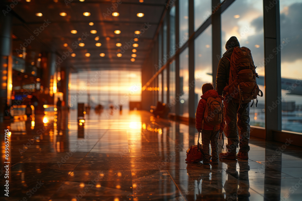 Family travel inside an airport terminal