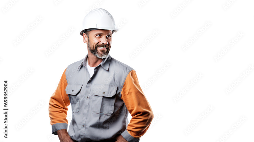 Handsome young engineer with uniform isolated on transparent and white background.PNG image.
