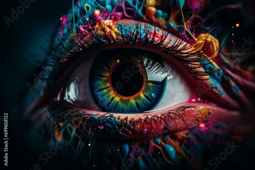 Abstract surrealistic imagery with a focus on the eyes and patterns. Generative AI