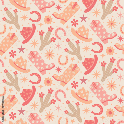 Groovy cowgirl boots , hats ,cactus and  horseshoe seamless pattern in peach fuzz, orange and pink with retro flowers and stars.