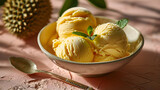 Exotic fruit ice cream, Durian Fruit on the background, light pink background, with shadows from the window. Generative AI