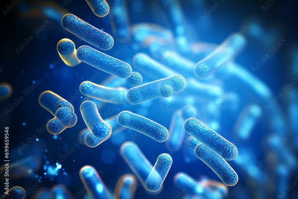 Close-up View of Tiny Blue Bacteria Under Microscope, Scientific Research and Microbiology Concept