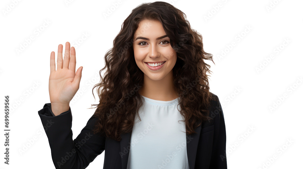 woman wave hello on freelance online conference communication isolated on transparent background,PNG image.