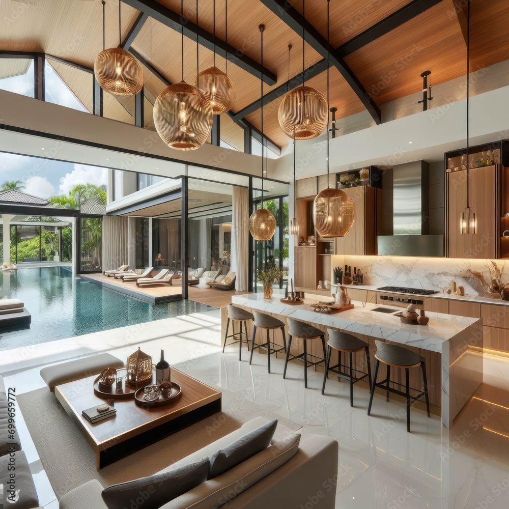Real estate Luxury interior design pool villa in kitchen area which feature island