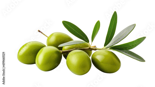 Green olives with leaves isolated on transparent background PNG image.