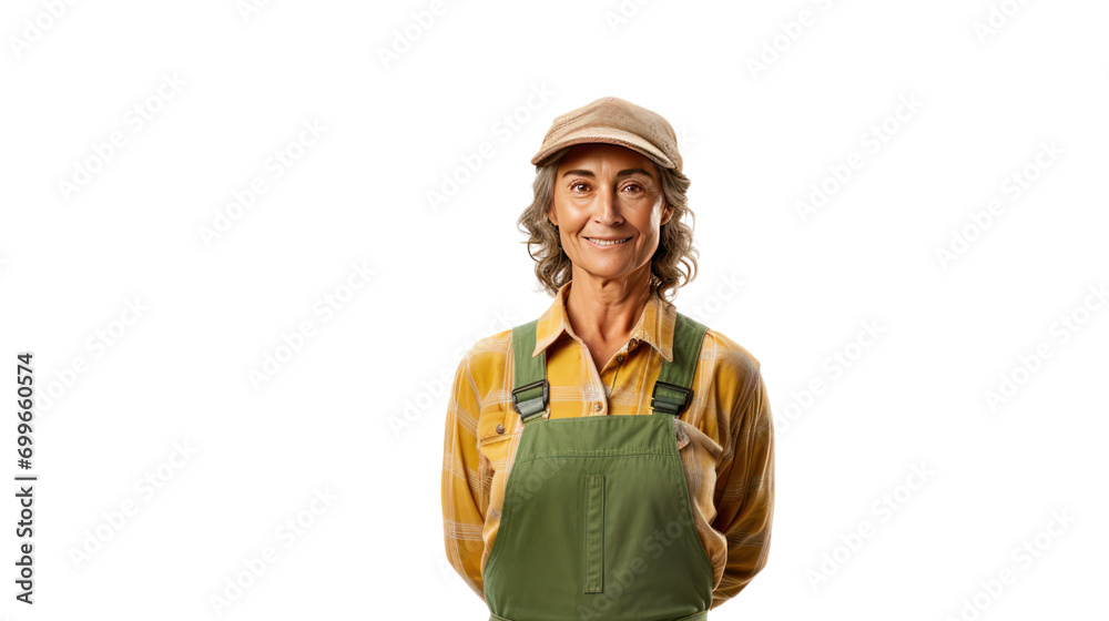 female farm owner looking at the camera isolated on transparent background,PNG image.