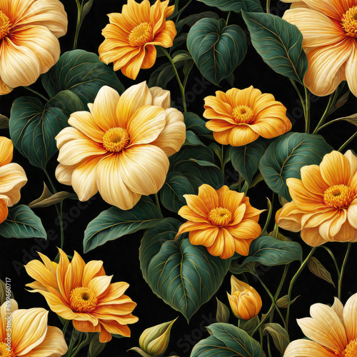 Beutiful yellow flowers and leaves pattern on black background. Generative ai