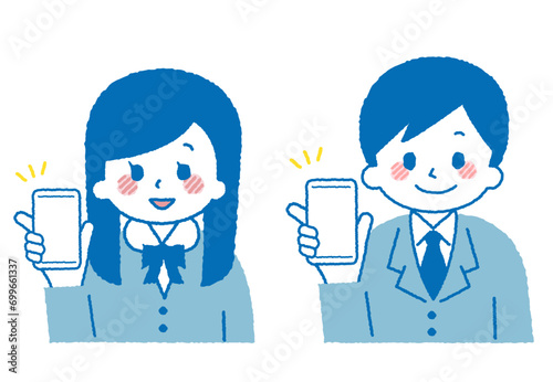 スマートフォンを操作する学生のイラスト。