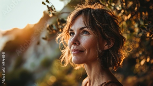 A close-up portrait of a woman with freckles, gazing outside with a subtle smile.