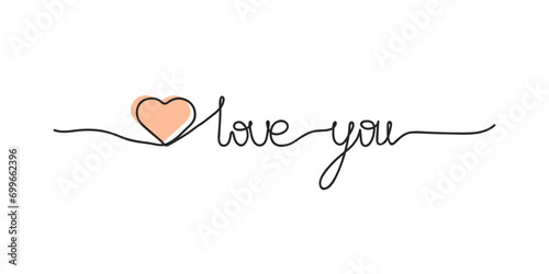lettering love you with peach fuzz heart, one line art style vector illustration isolated on white background