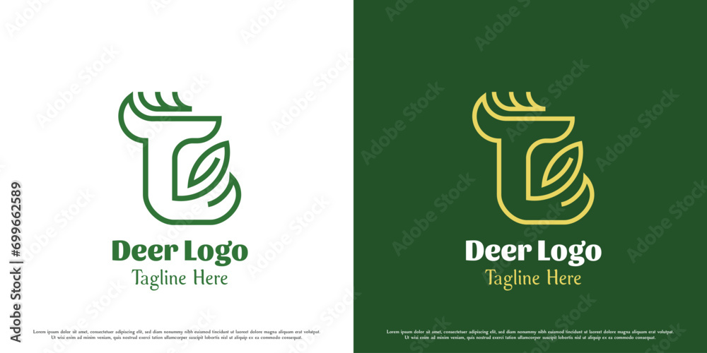 Deer leaf logo design illustration. Silhouette outline of animal zoo