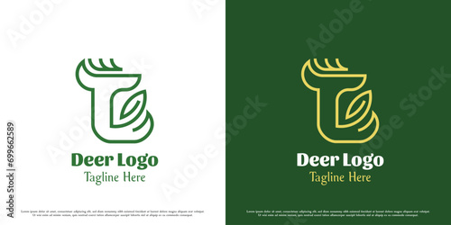 Deer leaf logo design illustration. Silhouette outline of animal zoo wild mountain antelope deer. Green fresh icon symbol flat simple minimal minimalist nature eco seed sprout tree modern hunter.