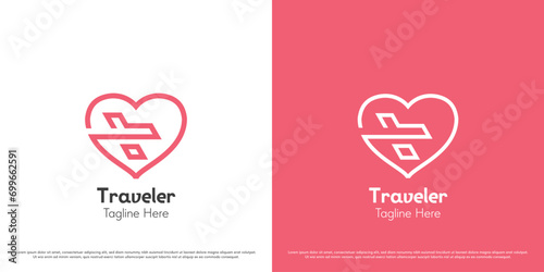 Adventure love logo design illustration. Heart shape outline silhouette of plane trip honeymoon outdoor travel. Simple flat icon symbol feminine smooth fancy joyfull geometric minimal minimalist.